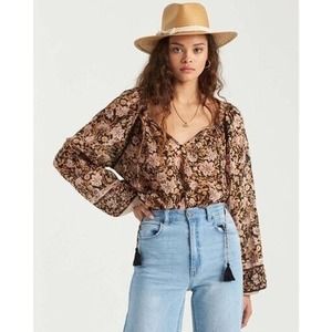 Billabong Sun Fire Top Peasant Floral Boho Pink Yellow Black Size Medium